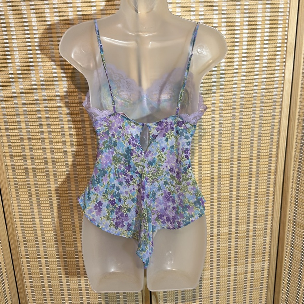 Victoria's Secret Semi Sheer Blue Floral One Piece Bodysuit Teddy Camisole Small - Picture 11 of 16